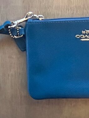 COACH Teal Blue Pebbled Leather Wristlet with Silver Hardware